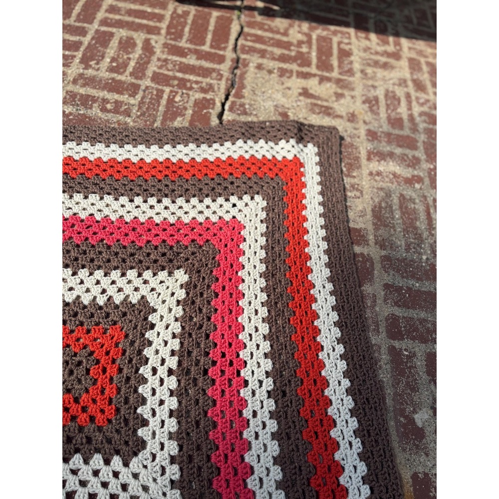 Handmade Granny Square Crochet Blanket Brown Red Pink Retro Throw 4.5ft Square